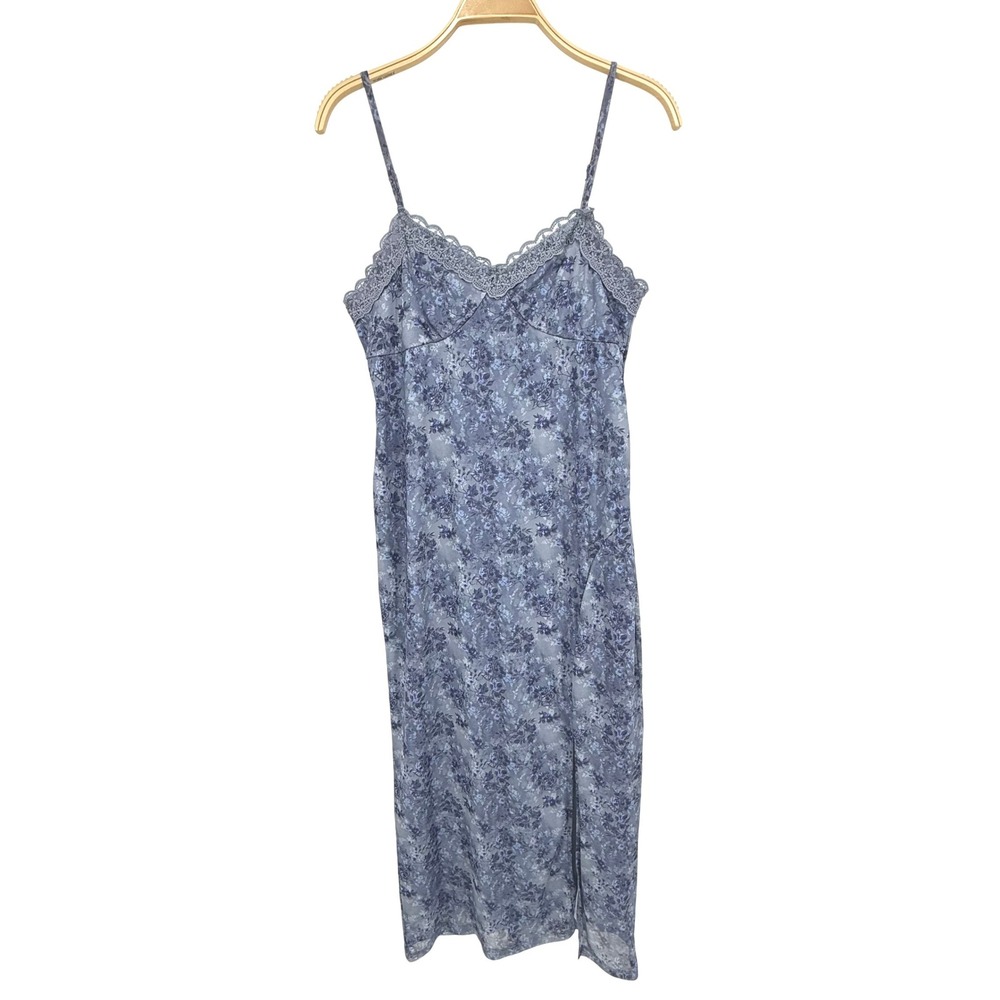 No Boundaries Slip Dress Womens L Blue Excellent Floral Mesh Lace Trim Midi